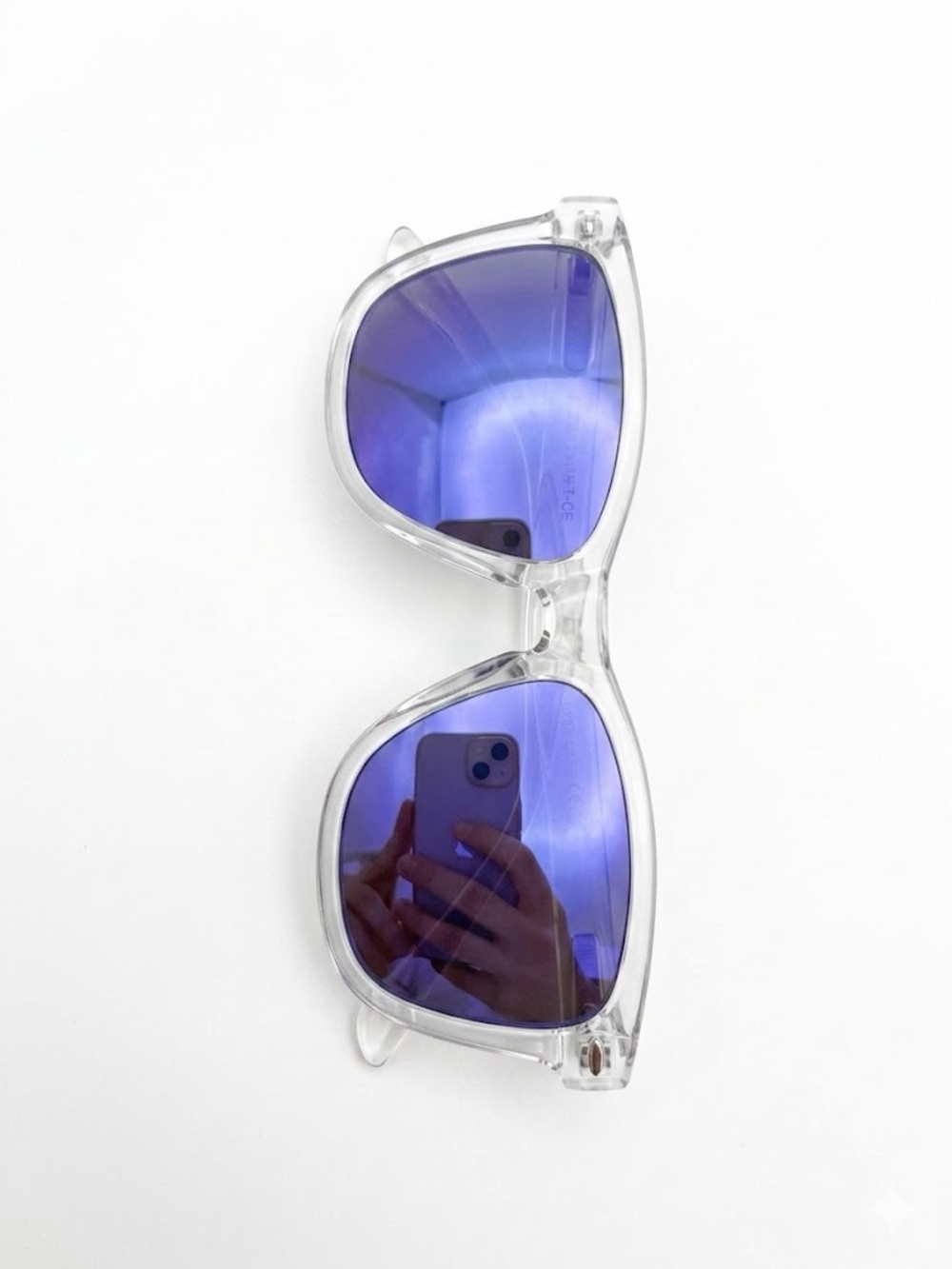 Amazon Clear Frame Sunglasses with Purple Mirrored Lenses